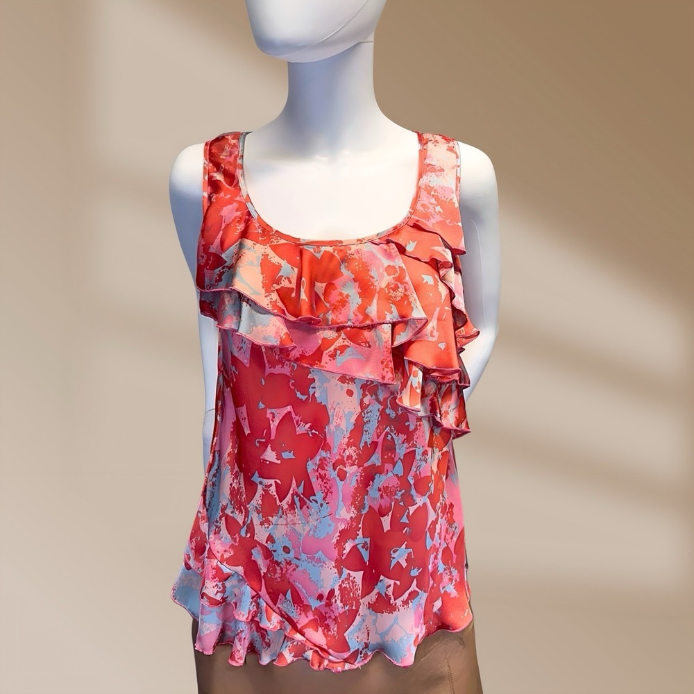 Spence Ladies Coral & Pink Ruffle Front Satin Tank Top Blouse Sz Large